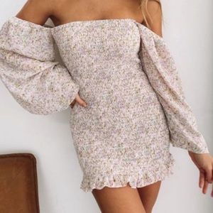 BB Off Shoulder Puffy Sleeve Shirred Dress